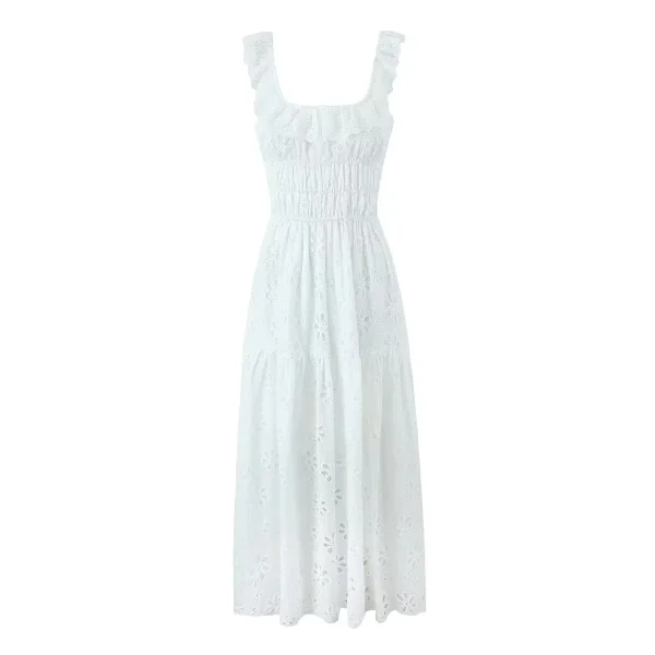 Embroidered White Dress, Ruffle Eyelet Hollow Out Dress 5