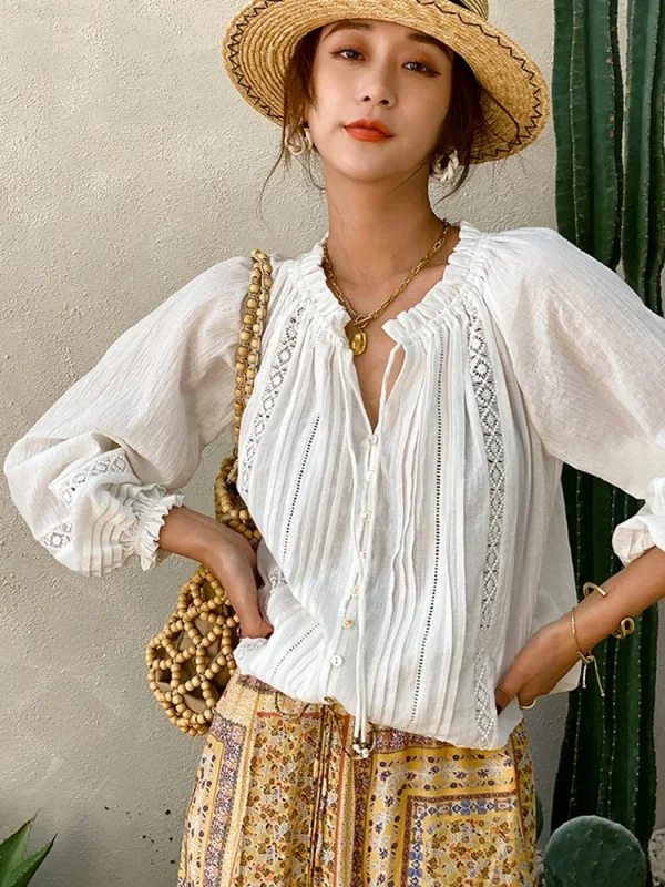 White Lace Vintage Blouse Cotton Shirt 1