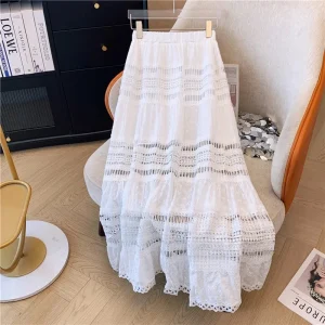 Embroidered White Cotton Eyelet Cut Maxi Skirt 2