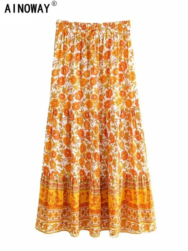 Vintage Yellow Floral Print Maxi Skirt 2