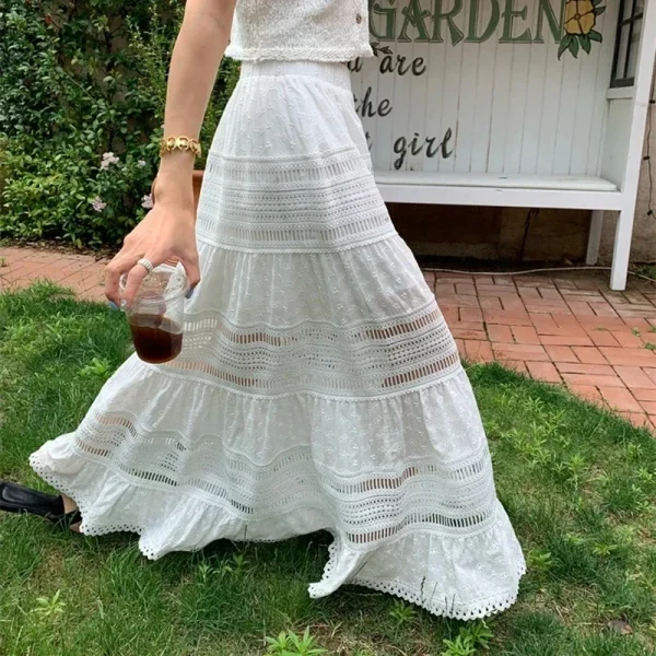 Embroidered White Cotton Eyelet Cut Maxi Skirt 1