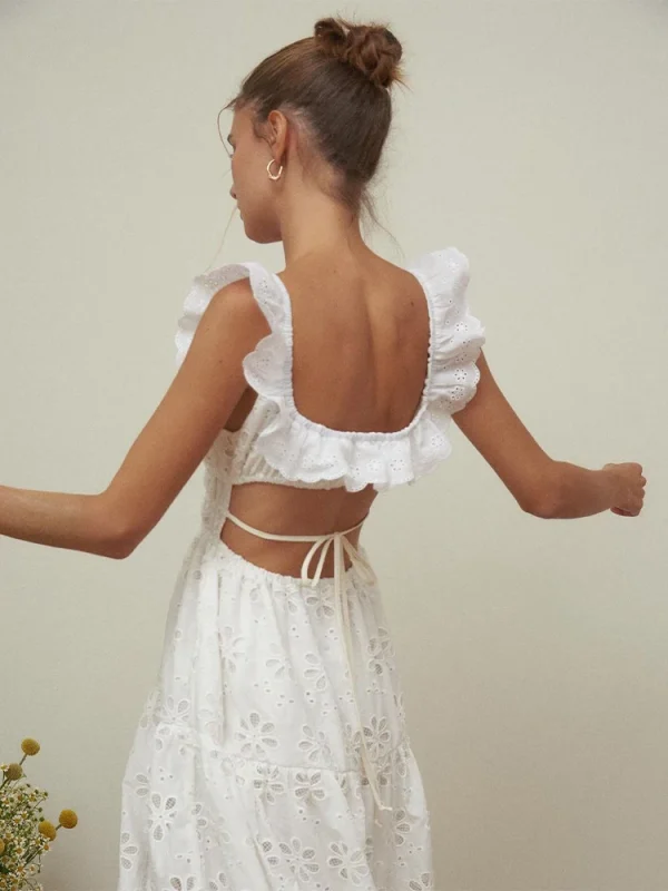 Embroidered White Dress, Ruffle Eyelet Hollow Out Dress 4