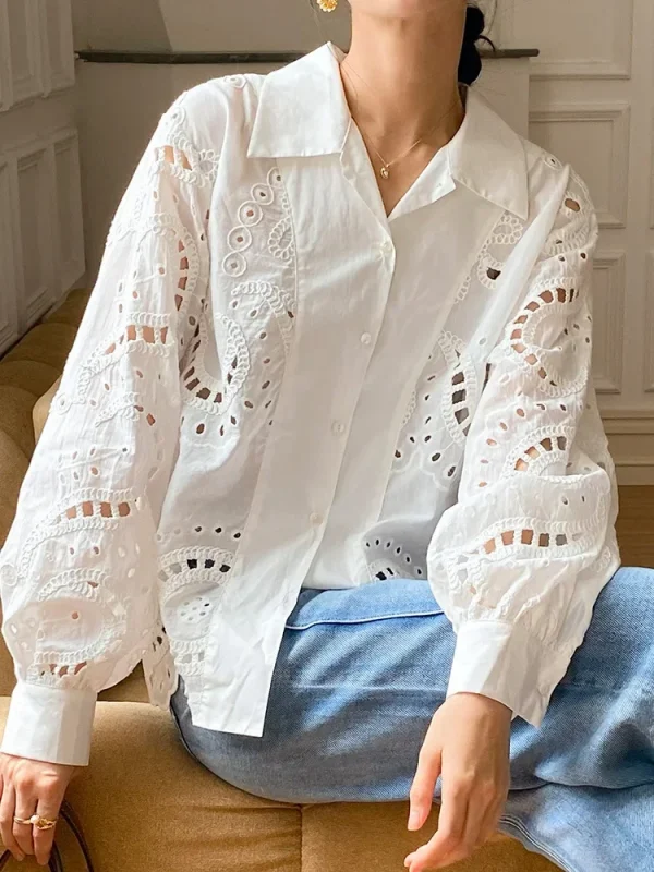 Elegant Chic French Shirt, Embroidered Hollow Out Shirt 1