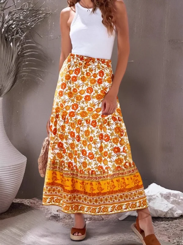 Vintage Yellow Floral Print Maxi Skirt 1